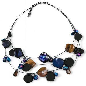 Multicolor Seashell Bead Necklace • Gunmetal Layered Illusion Statement Jewelry